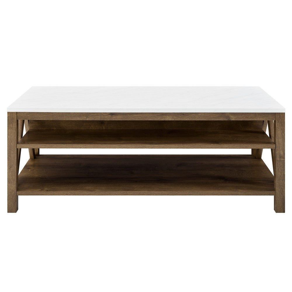 48" A Frame Farmhouse Coffee Table - Faux White Marble/Natural Walnut