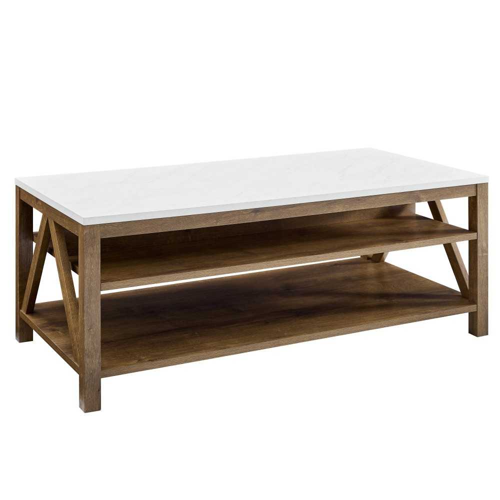 48" A Frame Farmhouse Coffee Table - Faux White Marble/Natural Walnut