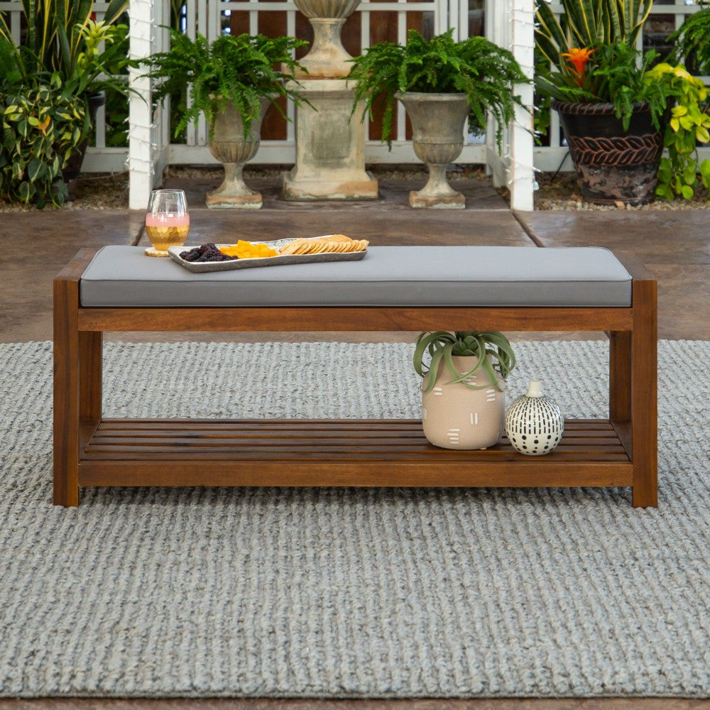 48" Patio Wood Bench with Cushion - Dark Brown/Gray
