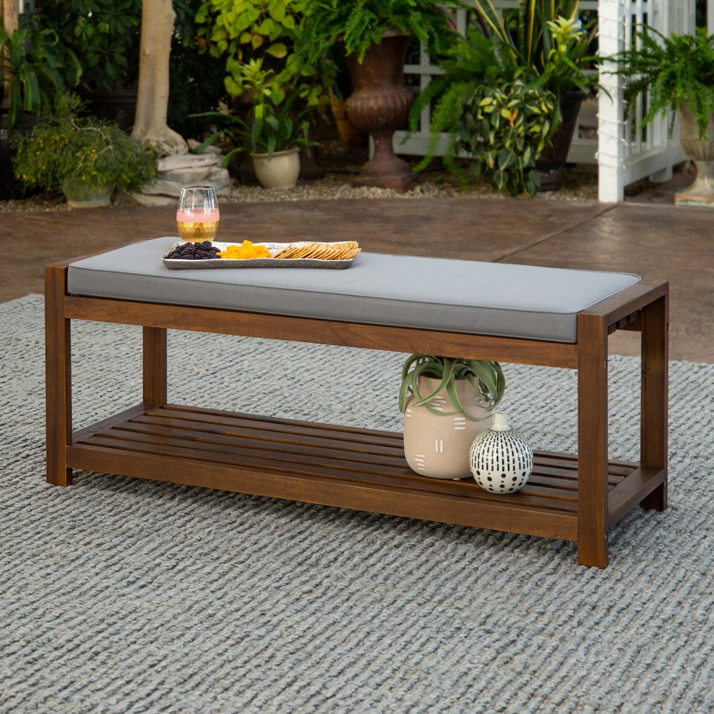 48" Patio Wood Bench with Cushion - Dark Brown/Gray