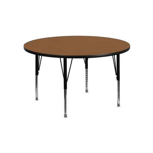 48'' Round Oak Thermal Laminate Activity Table - Height Adjustable Short Legs