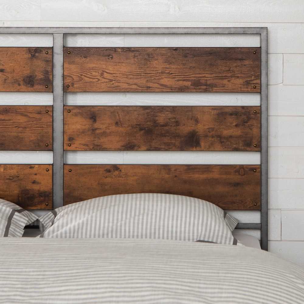 48" Rustic Industrial Queen Size Metal Wood Plank Panel Headboard - Brown