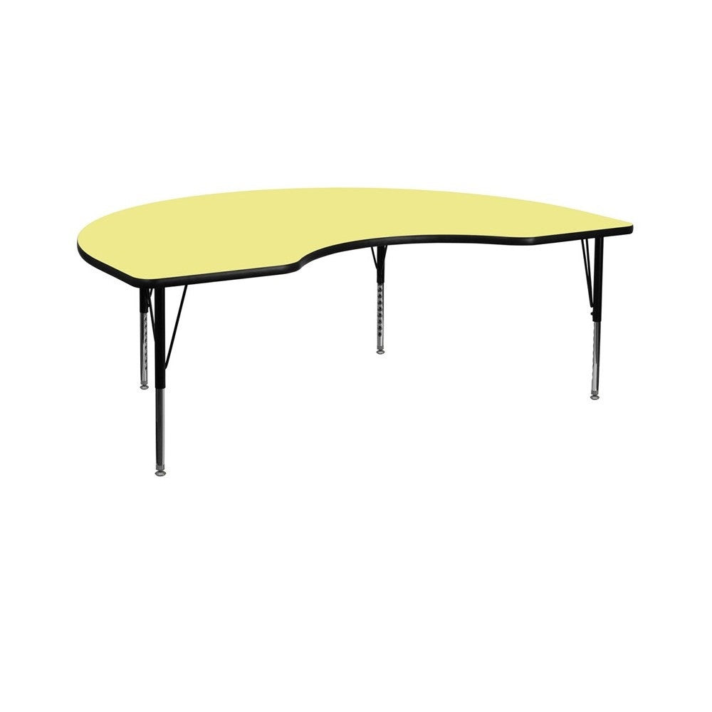 48''W x 96''L Kidney Yellow Thermal Laminate Activity Table - Height Adjustable Short Legs