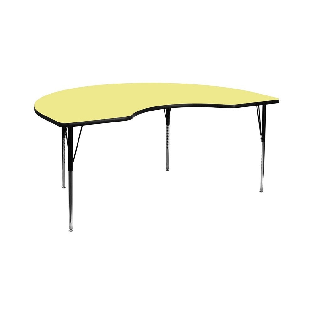 48''W x 96''L Kidney Yellow Thermal Laminate Activity Table - Standard Height Adjustable Legs