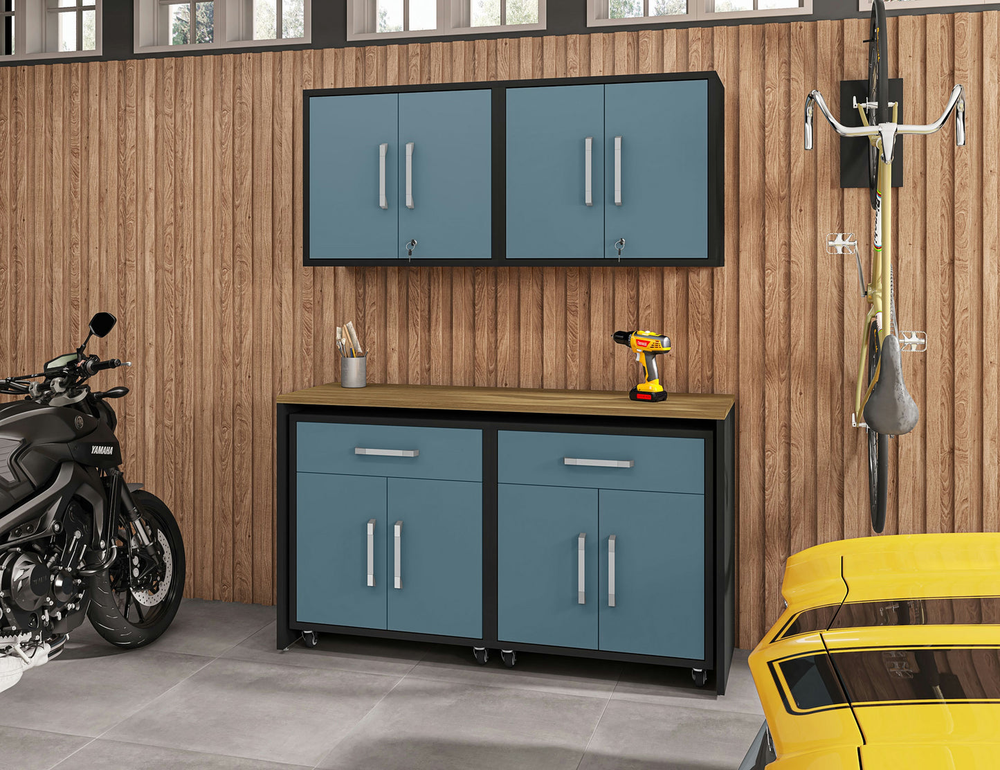 Eiffel 5-Piece Garage Storage Set in Matte Black and Aqua Blue