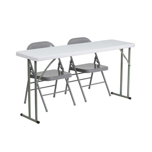 5-Foot Plastic Folding Training Table Set with 2 Gray Metal Folding Chairs