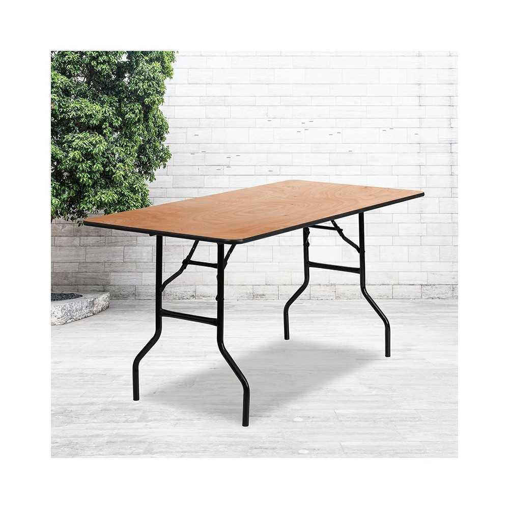 5-Foot Rectangular Wood Folding Banquet Table with Clear Coated Finished Top