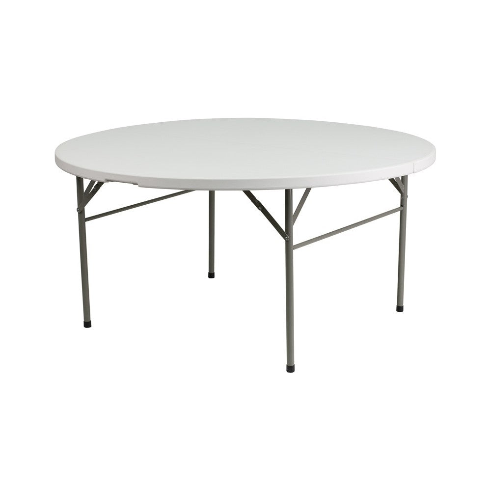 5-Foot Round Bi-Fold White Plastic Folding Table with Carrying Handle