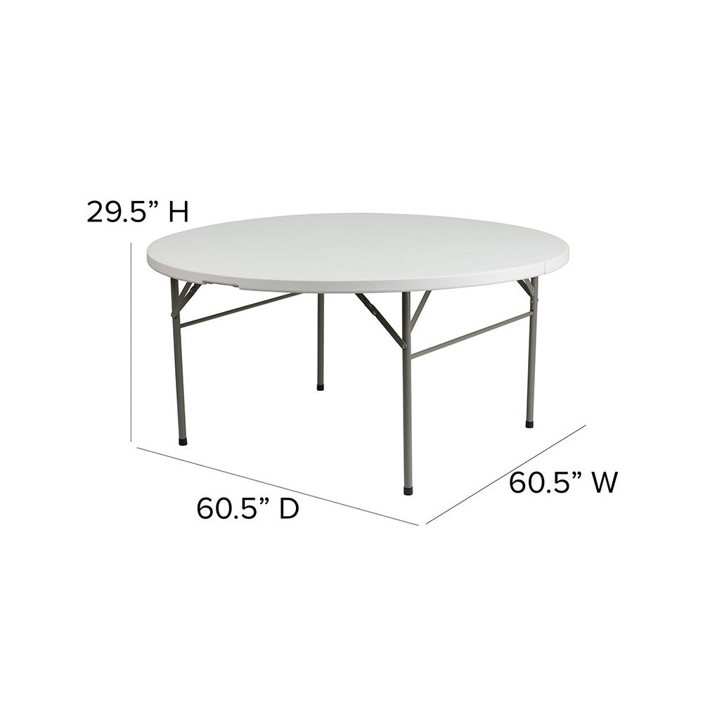 5-Foot Round Bi-Fold White Plastic Folding Table with Carrying Handle