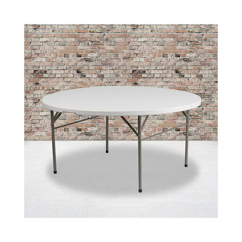 5-Foot Round Bi-Fold White Plastic Folding Table with Carrying Handle