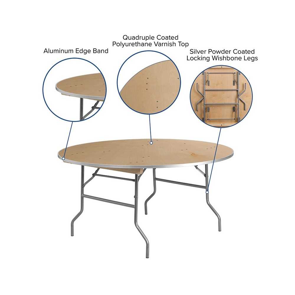 5-Foot Round HEAVY DUTY Birchwood Folding Banquet Table with METAL Edges