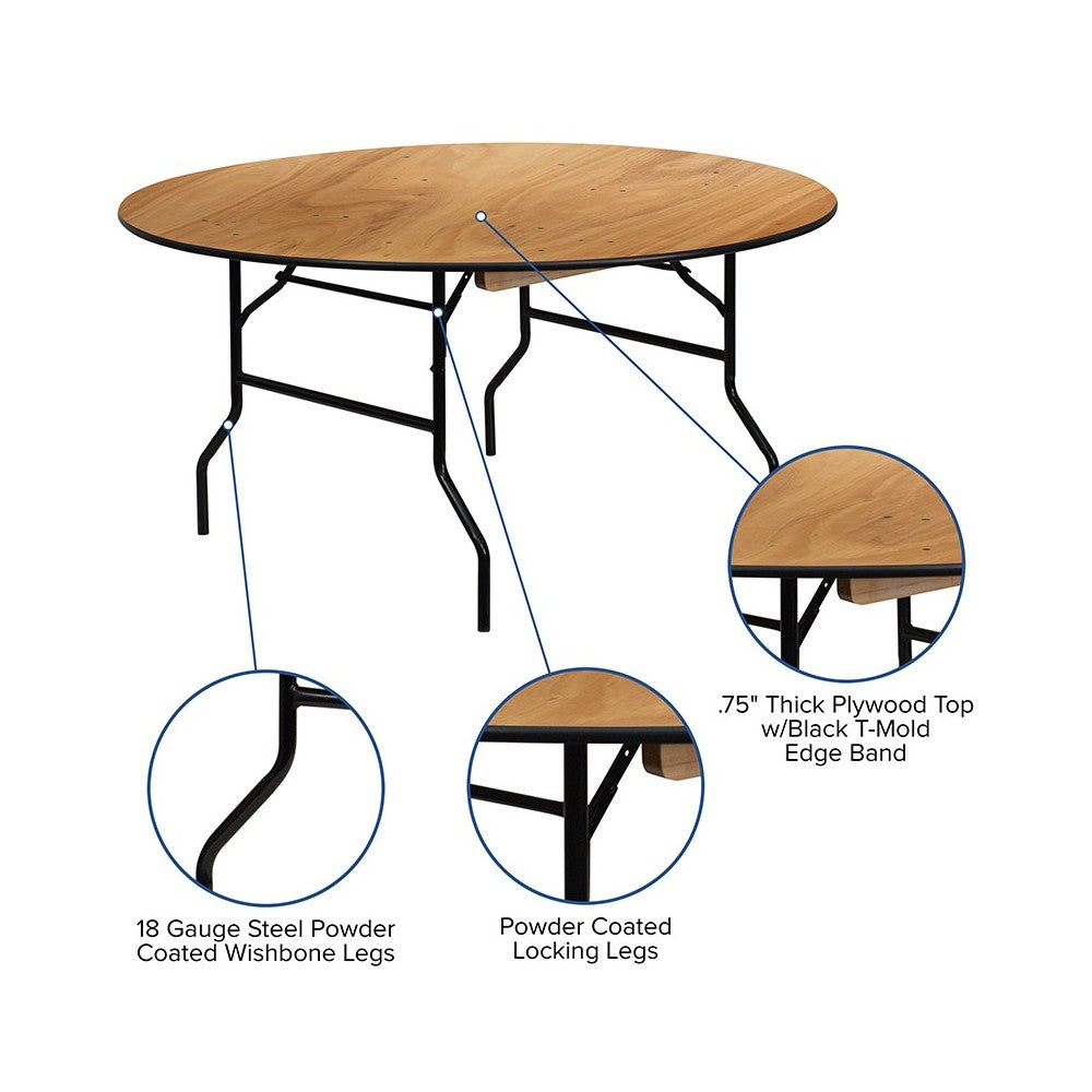 5-Foot Round Wood Folding Banquet Table with Clear Coated Finished Top