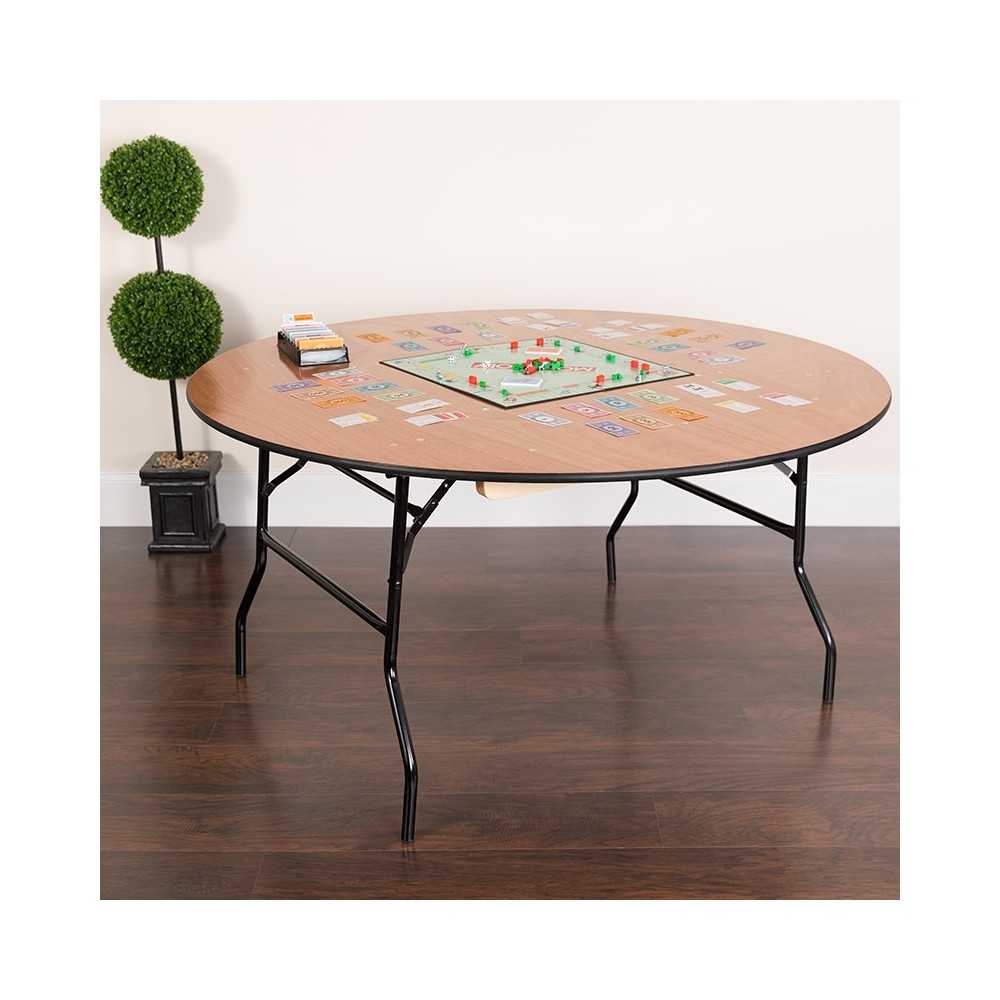 5-Foot Round Wood Folding Banquet Table with Clear Coated Finished Top