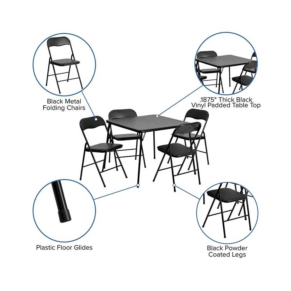 5 Piece Black Folding Card Table and Chair Set