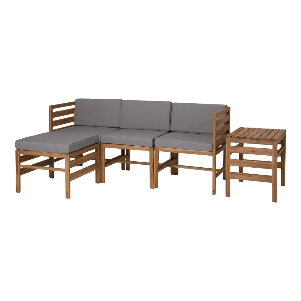 5-Piece Modular Acacia - 3 seat and Ottoman + Side Table - Brown