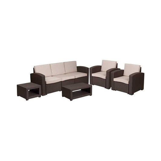 5 Piece Outdoor Faux Rattan Chair, Sofa and Table Set in Chocolate Brown
