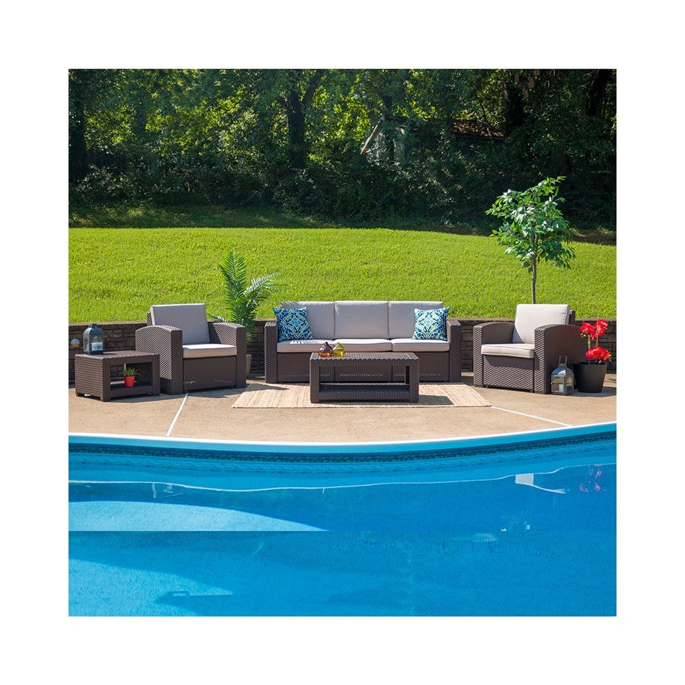 5 Piece Outdoor Faux Rattan Chair, Sofa and Table Set in Chocolate Brown