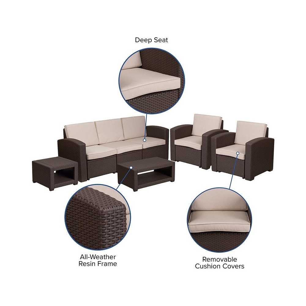 5 Piece Outdoor Faux Rattan Chair, Sofa and Table Set in Chocolate Brown