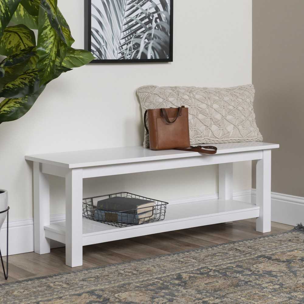 50'' Farmhouse Entryway Bench with Grooved Shelf - White