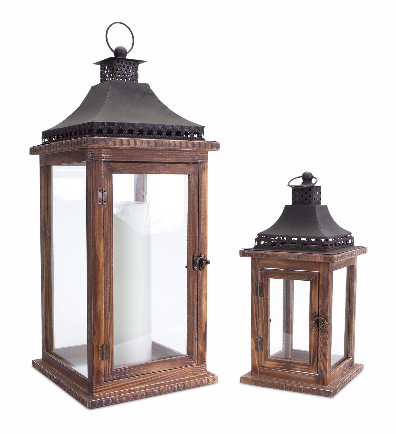 Lantern (Set Of 2) 14.25"H, 23.5"H Wood/Iron/Glass