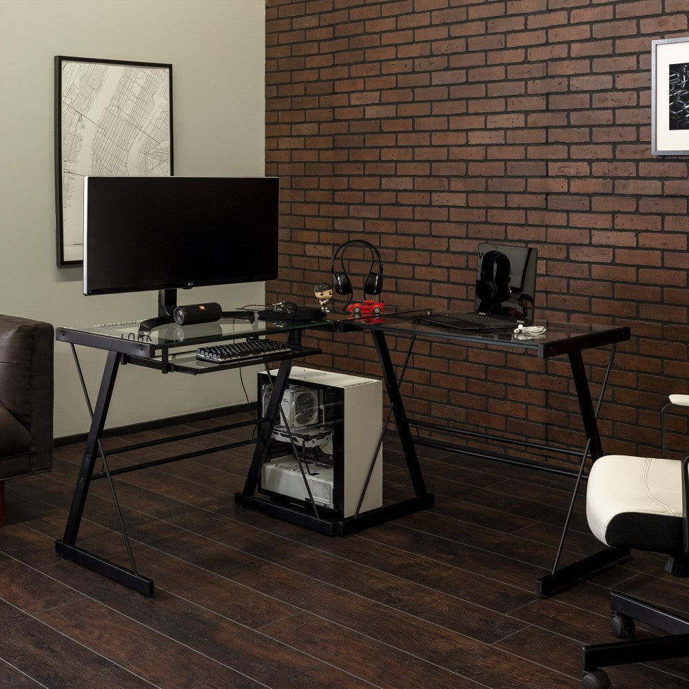 51" Modern Metal Glass Corner Computer Desk - Black/Clear