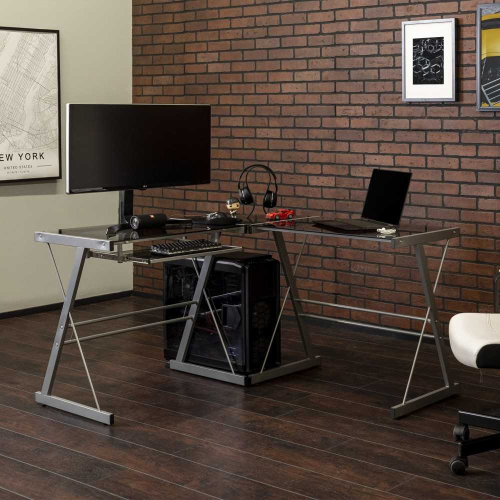 51" Modern Metal Glass Corner Computer Desk - Smoke