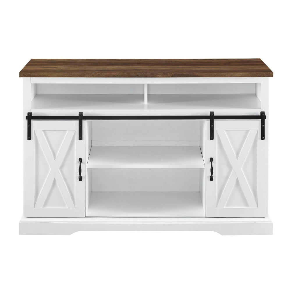 52" Sliding Barn Door Highboy Modern Farmhouse TV Stand - Solid White/Rustic Oak