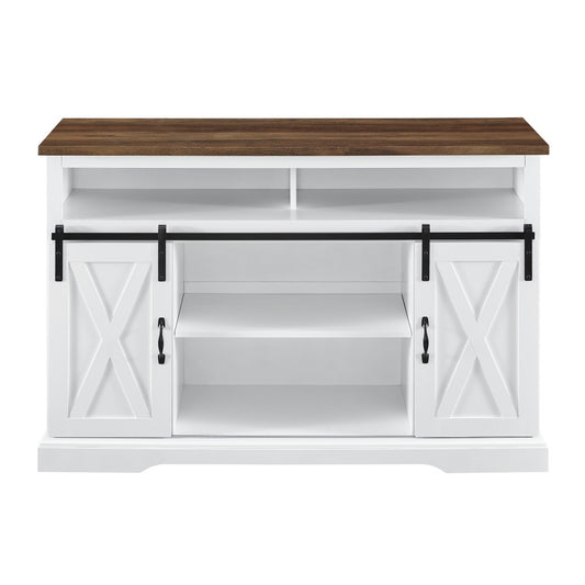 52" Sliding Barn Door Highboy Modern Farmhouse TV Stand - Solid White/Rustic Oak