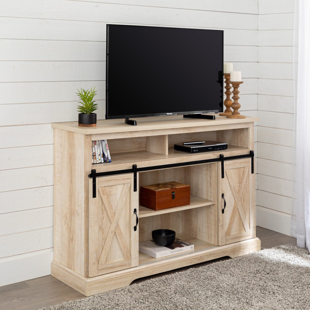 52" Sliding Barn Door Highboy Modern Farmhouse TV Stand - White Oak