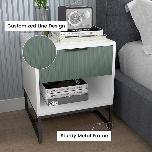 Otis White, Green Wood Nightstand Side Table Steel Frame with Shelf, Drawer