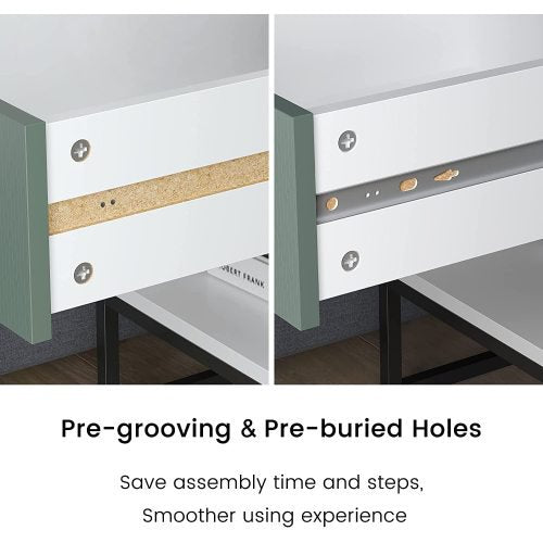 Otis White, Green Wood Nightstand Side Table Steel Frame with Shelf, Drawer