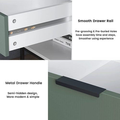 Otis White, Green Wood Nightstand Side Table Steel Frame with Shelf, Drawer