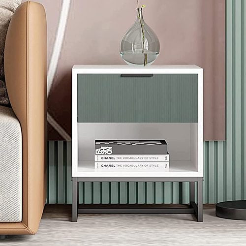 Otis White, Green Wood Nightstand Side Table Steel Frame with Shelf, Drawer