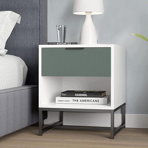 Otis White, Green Wood Nightstand Side Table Steel Frame with Shelf, Drawer