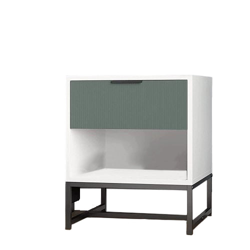 Otis White, Green Wood Nightstand Side Table Steel Frame with Shelf, Drawer