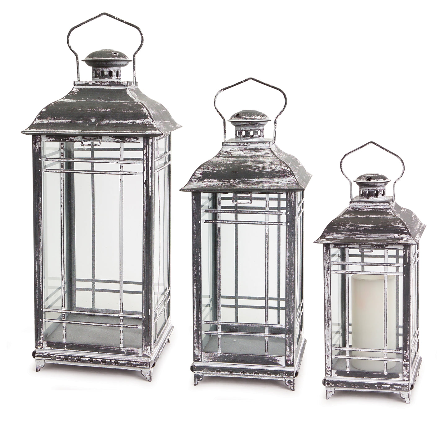 Lantern (Set Of 3) 14"H, 17"H, 20"H Metal/Glass, Grey, White