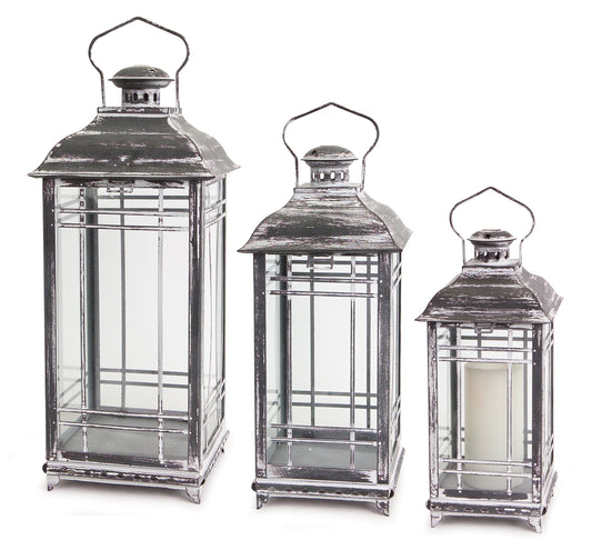 Lantern (Set Of 3) 14"H, 17"H, 20"H Metal/Glass, Grey, White