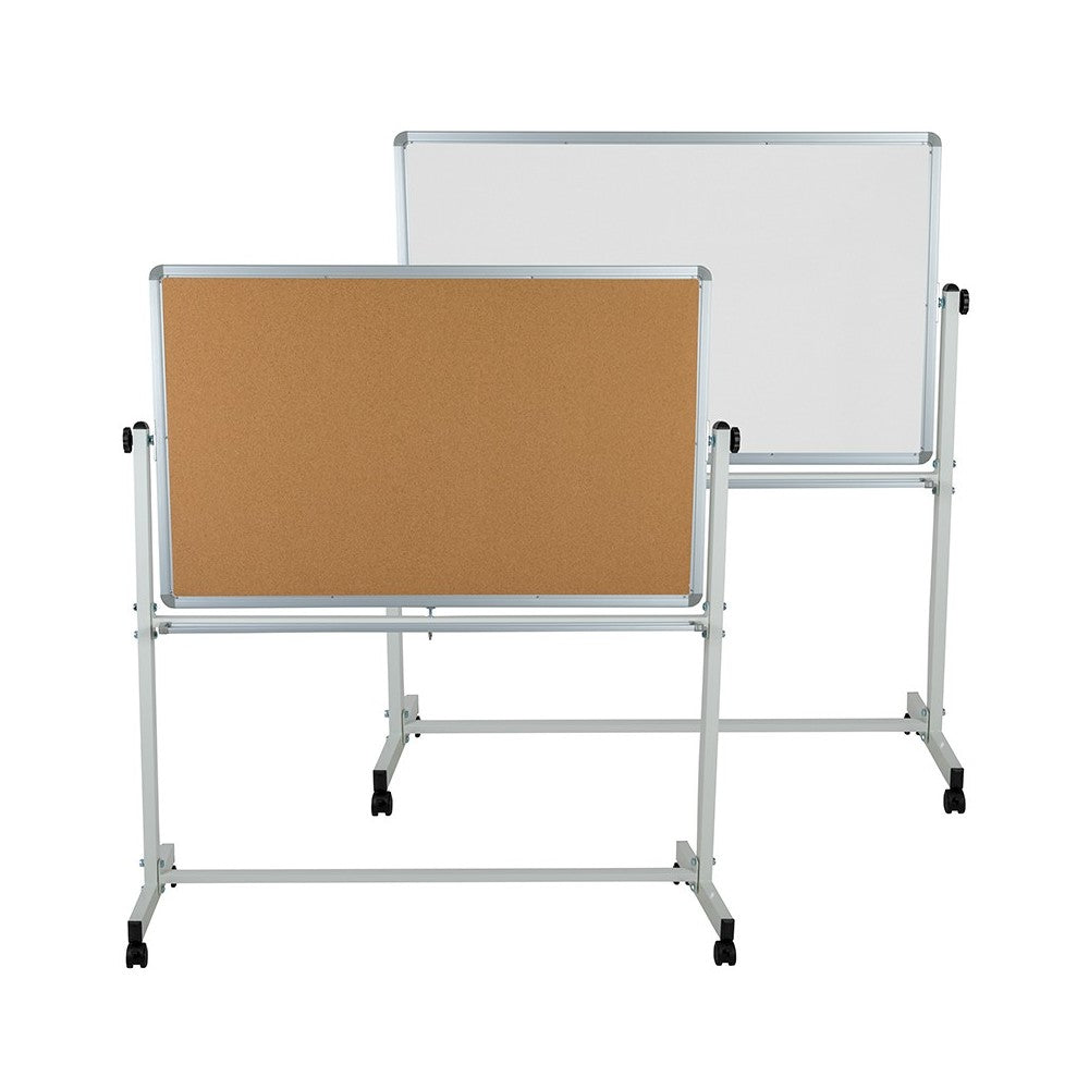 53"W x 59"H Reversible Mobile Cork Bulletin Board and White Board with Pen Tray