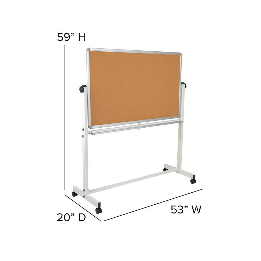 53"W x 59"H Reversible Mobile Cork Bulletin Board and White Board with Pen Tray