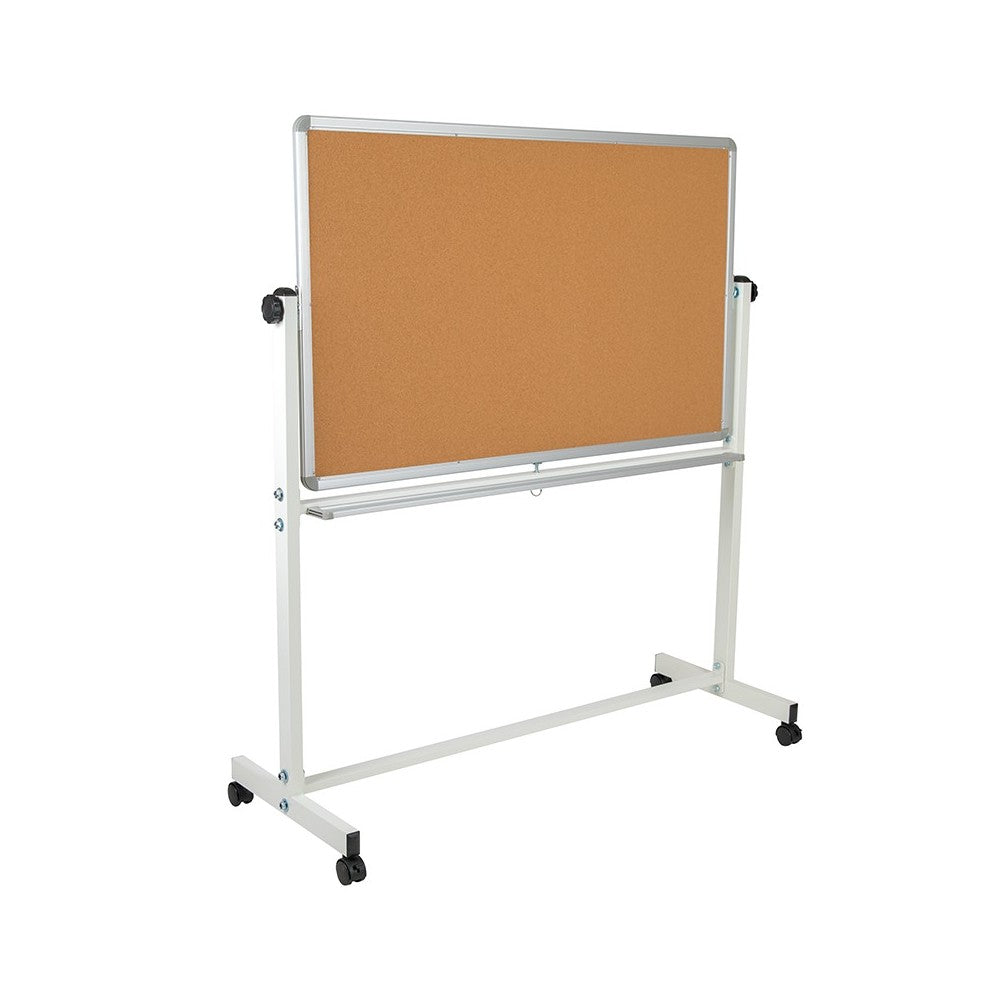 53"W x 59"H Reversible Mobile Cork Bulletin Board and White Board with Pen Tray
