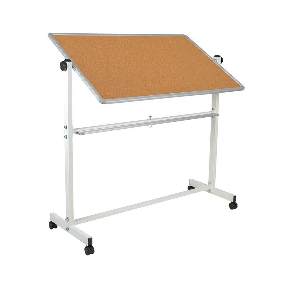 53"W x 59"H Reversible Mobile Cork Bulletin Board and White Board with Pen Tray