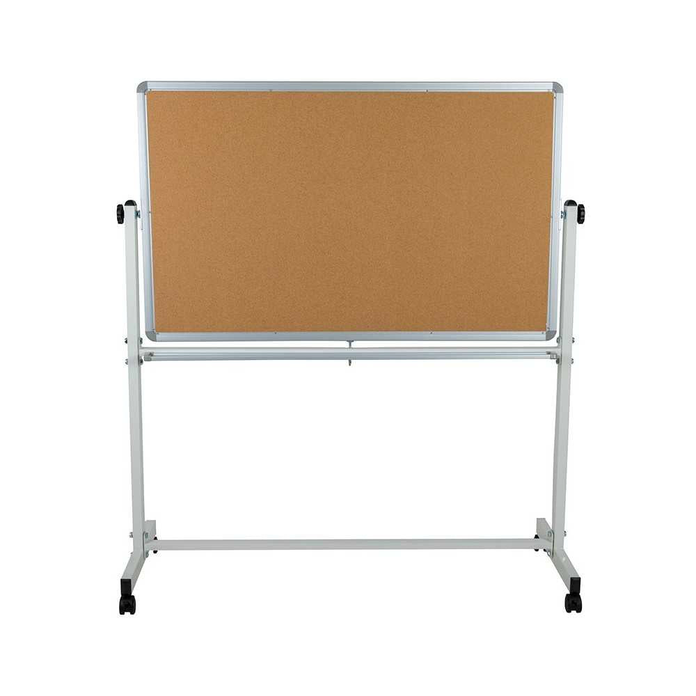 53"W x 59"H Reversible Mobile Cork Bulletin Board and White Board with Pen Tray
