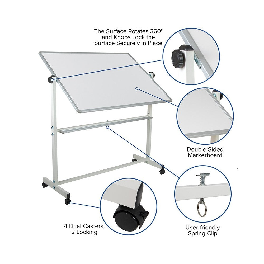 53"W x 62.5"H Double-Sided Mobile White Board with Pen Tray