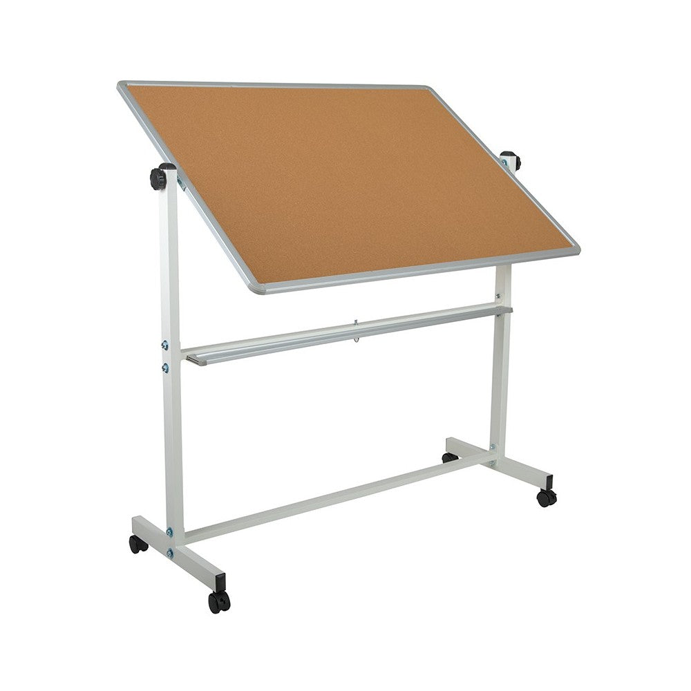 53"W x 62.5"H Reversible Mobile Cork Bulletin Board and White Board with Pen Tray