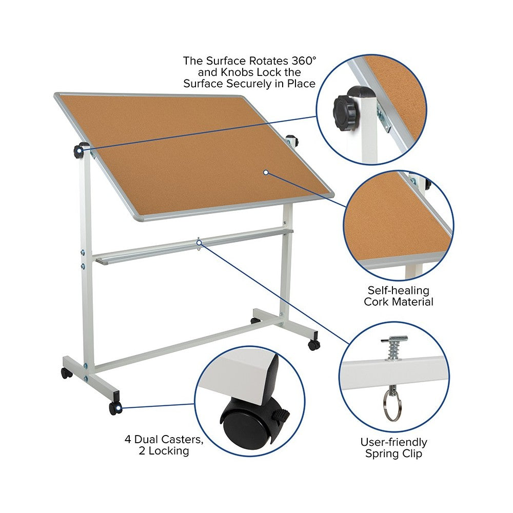 53"W x 62.5"H Reversible Mobile Cork Bulletin Board and White Board with Pen Tray