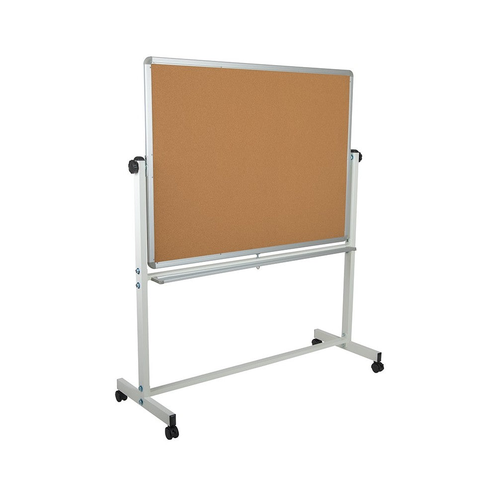 53"W x 62.5"H Reversible Mobile Cork Bulletin Board and White Board with Pen Tray