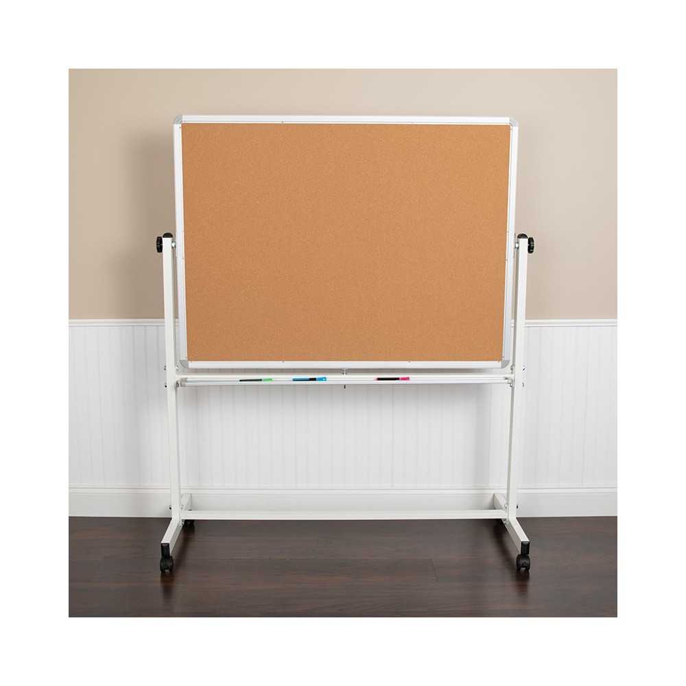 53"W x 62.5"H Reversible Mobile Cork Bulletin Board and White Board with Pen Tray