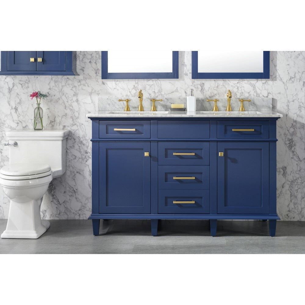54" Blue Finish Double Sink Vanity Cabinet With Carrara White Top