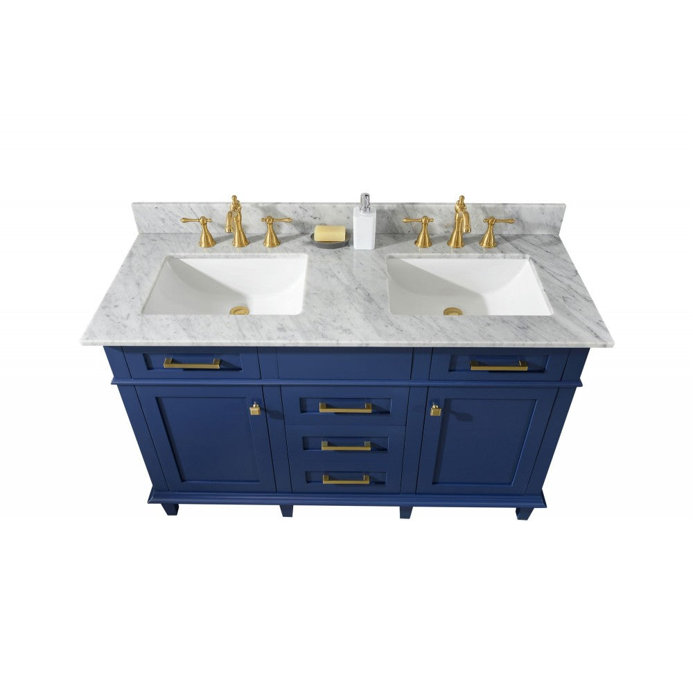 54" Blue Finish Double Sink Vanity Cabinet With Carrara White Top
