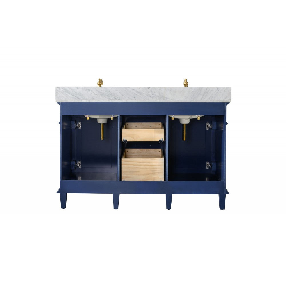54" Blue Finish Double Sink Vanity Cabinet With Carrara White Top